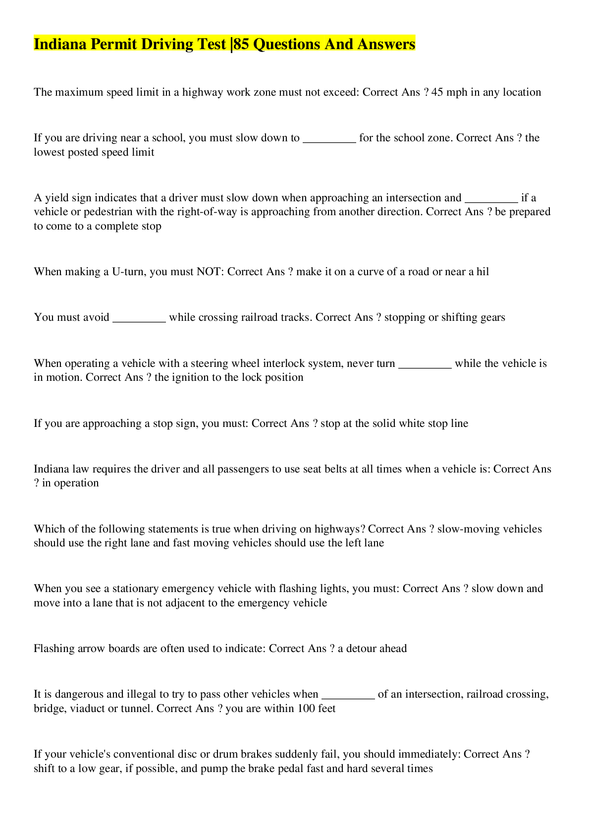 Preview image for Indiana Permit Driving Test |85 Questions And Answers